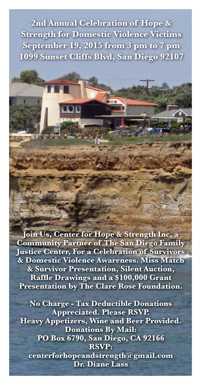 Celebration of Hope & Strength for Domestic Violence Victims and Silent Auction, Saturday, September 19, 3pm to 7pm, 1099 Sunset Cliffs Blvd