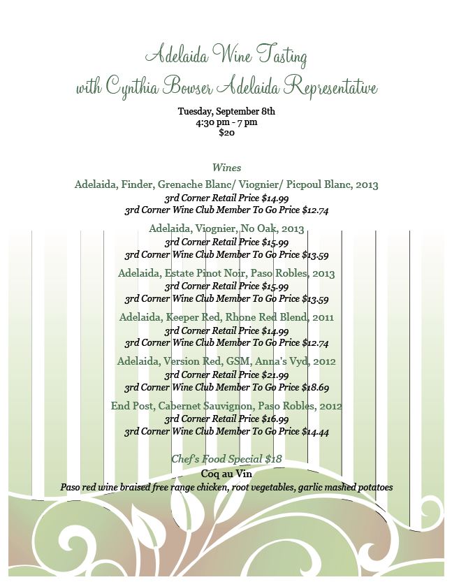 Adelaida Wine Tasting at 3rd Corner Ocean Beach, Tuesday, September 8, 4:30pm-7pm, $20