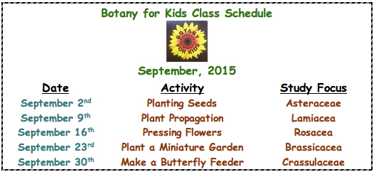 Botany for Kids Class Schedule