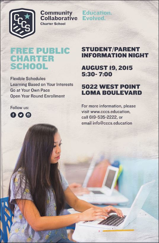 Student/Parent Information Night at Community Collaborative Charter School, August 19, 2015, 5:30pm-7pm, 5022 West Point Loma Blvd