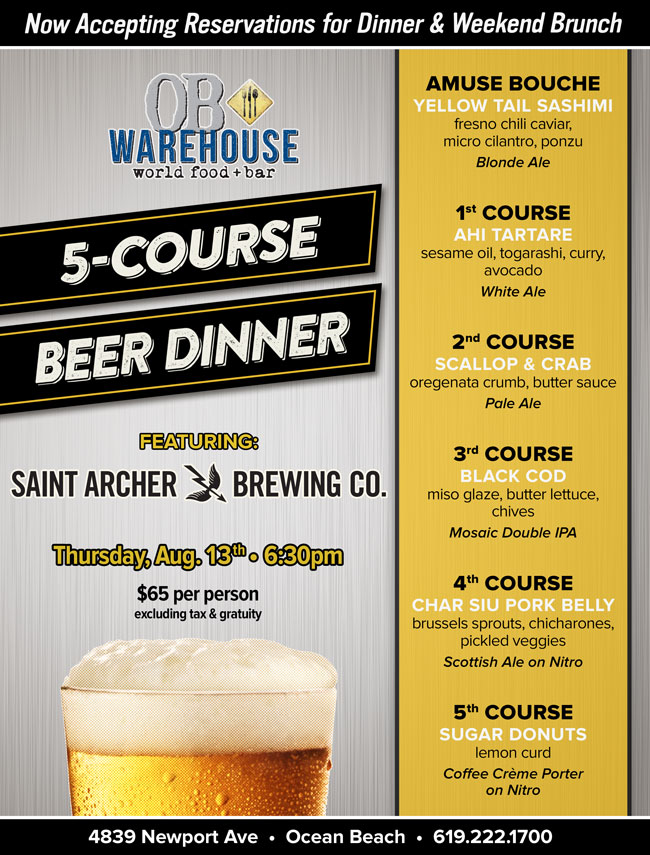 OB Warehouse 5-Course Beer Dinner featuring Saint Archer Brewing Co