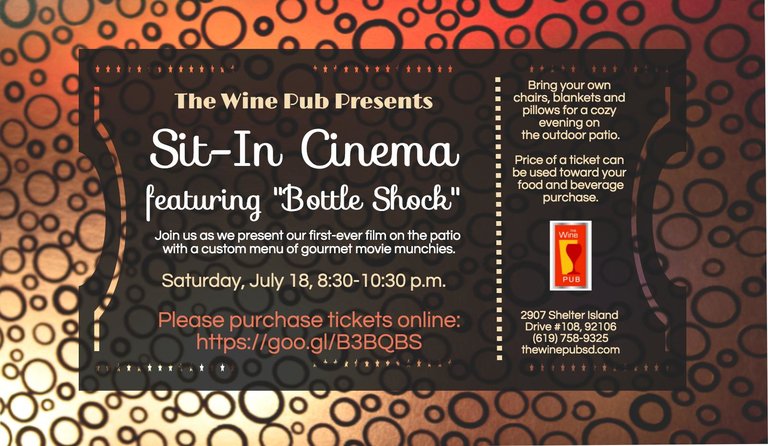 Sit-In Cinema featuring "Bottle Shock" at The Wine Pub, Saturday, July 18, 2015